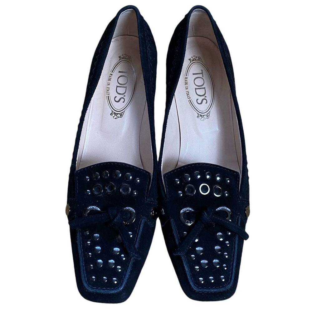TOD’s Billie Studs & Lace Black Suede Kitten Heel Loafers
